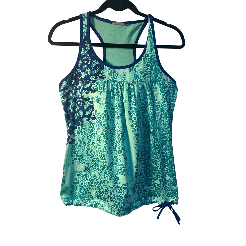 Athleta Women's Teal Leopard Print Racerback Tank Top Shelf Bra Blue